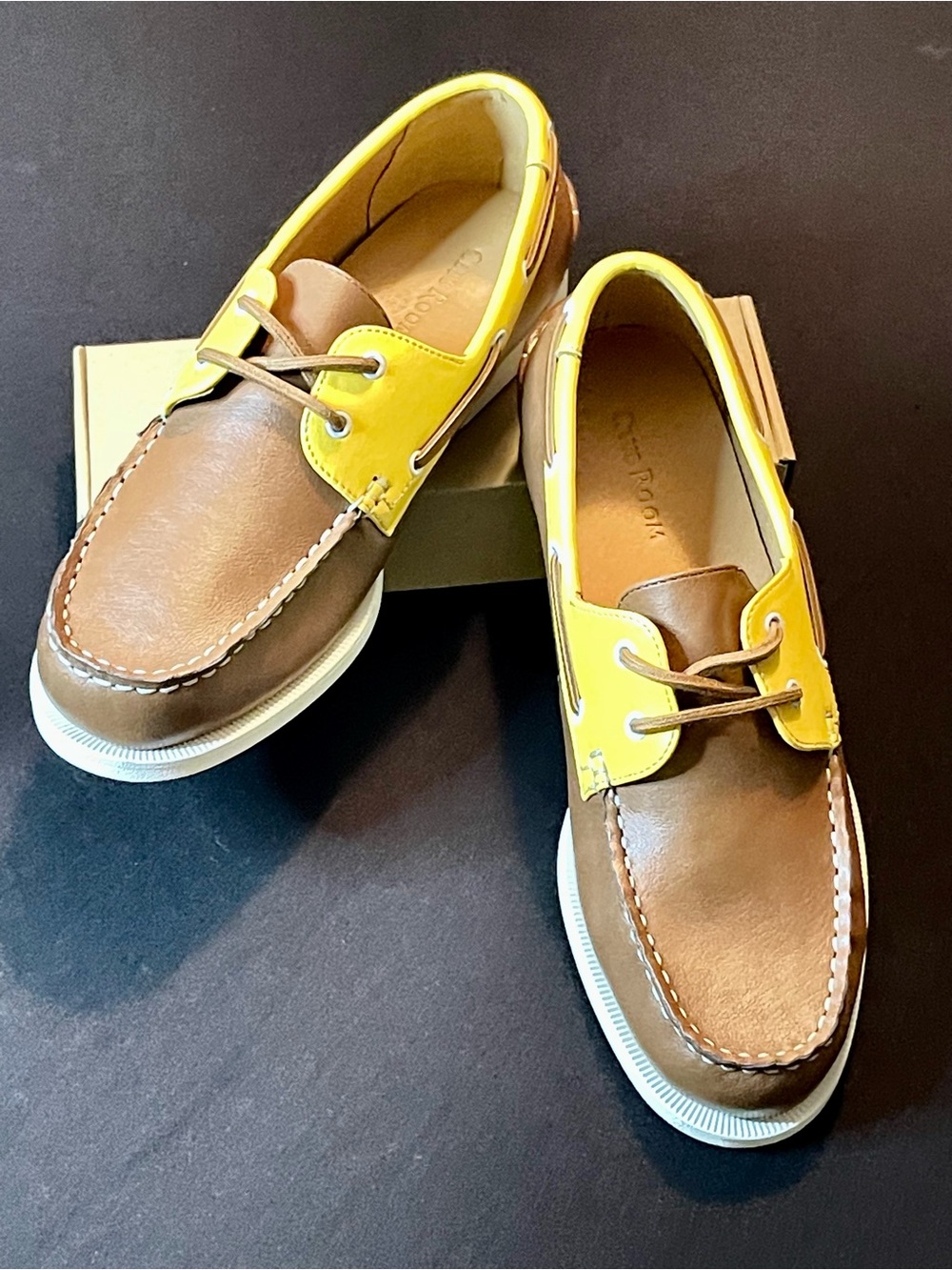 Club Room Brown and Yellow Men’s Leather Boat Shoes. 10.5 M